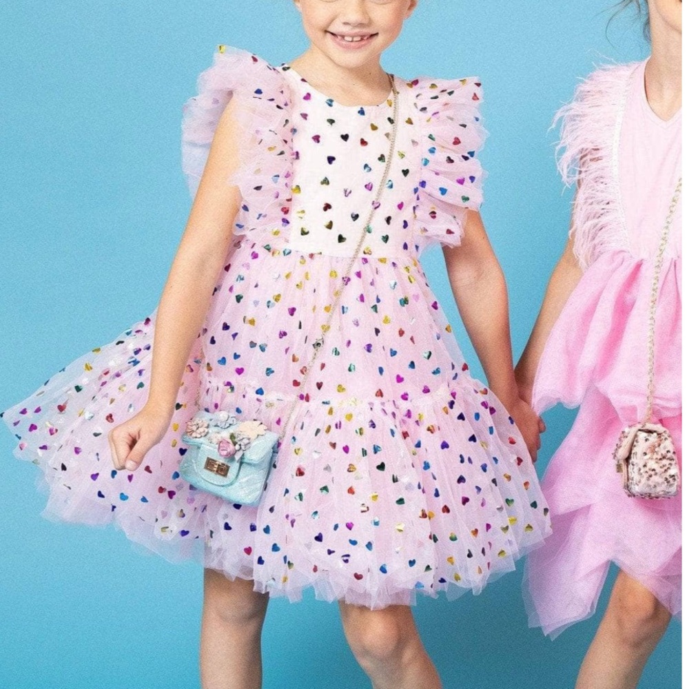 Lola & The Boys Foil Rainbow Hearts Tulle Dress